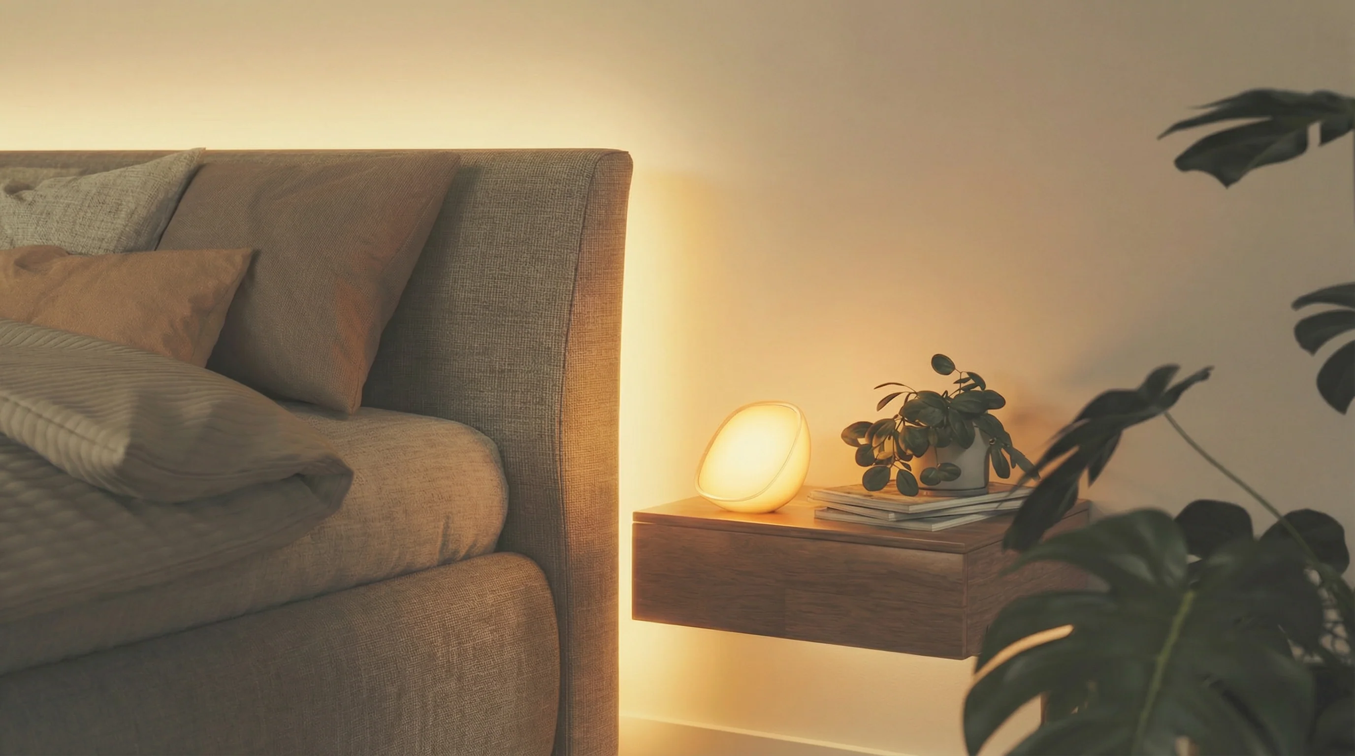 A softly lit room with warm lamp light and calm atmosphere conducive to evening wind-down