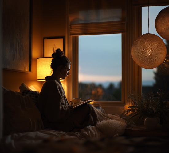A person reading quietly in a dimly lit room, representing a calm evening wind-down ritual